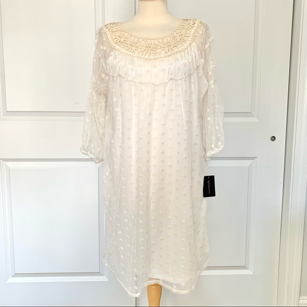NWT Plus Size 1X Women’s Pretty Ivory White Sundress, Crochet Detail, Embroidery